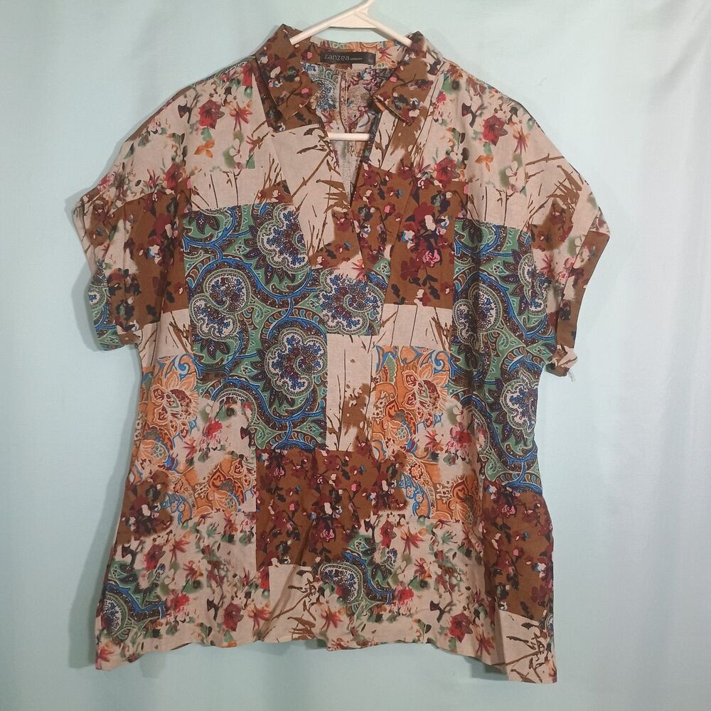 Zanzea Women's Patchwork Floral Short Sleeve Collared Blouse Top